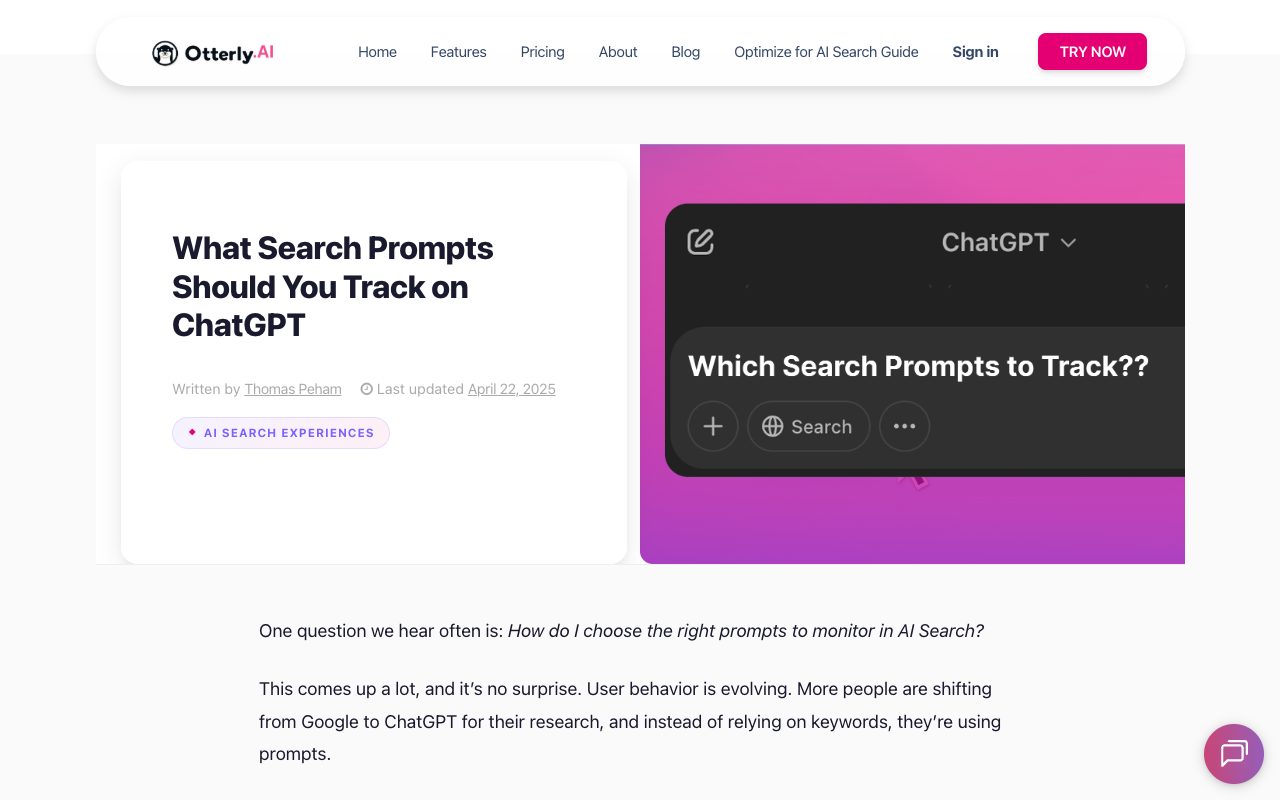OtterlyAI blog post header: What Search Prompts Should You Track on ChatGPT, by Thomas Peham
