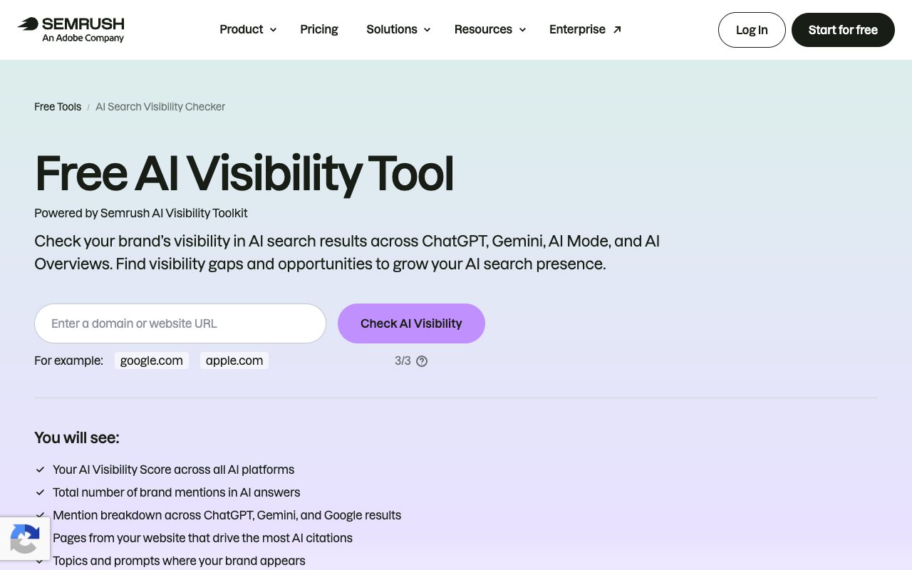 Semrush free AI visibility tool for checking a brand across ChatGPT, Gemini, AI Mode and AI Overviews
