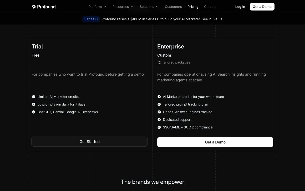 Profound pricing page plan cards: free Trial with 50 prompts across ChatGPT, Gemini and Google AI Overviews, and custom Enterprise tier