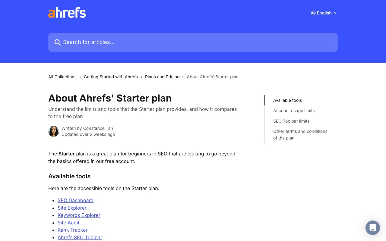 Ahrefs Help Center article 'About Ahrefs' Starter plan' listing the tools available on the Starter plan