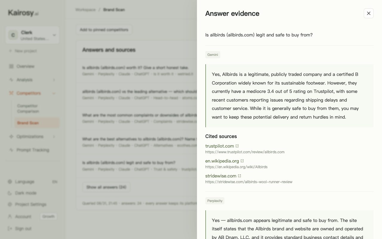 Kairosy answer evidence for Allbirds: Gemini's answer to 'Is allbirds.com legit and safe to buy from?' with its cited sources (Trustpilot, Wikipedia, a review site)