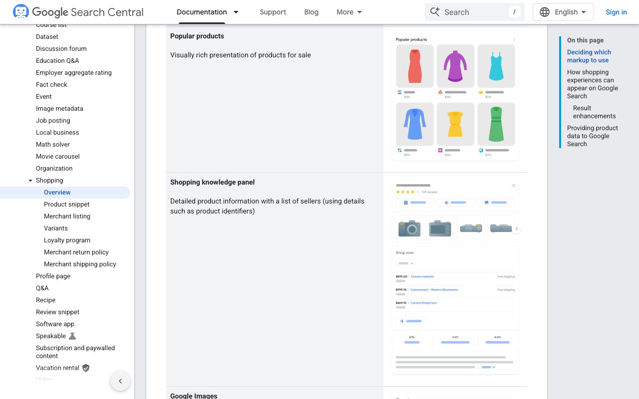 Google Search Central shopping structured data overview showing product experiences such as popular products and the shopping knowledge panel