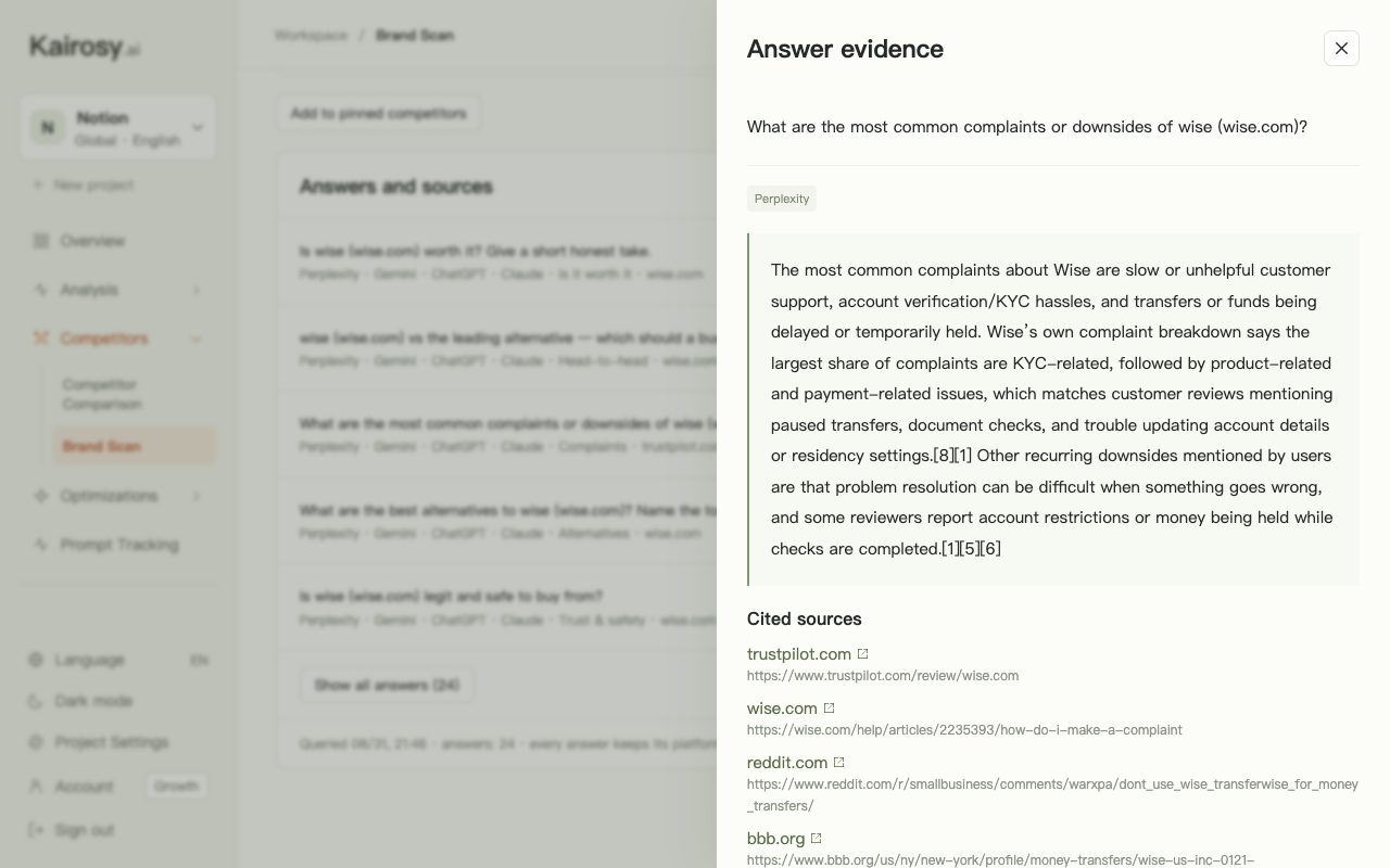 Kairosy answer evidence for Wise: Perplexity's answer on the most common complaints about Wise, with Trustpilot, Reddit and BBB as cited sources