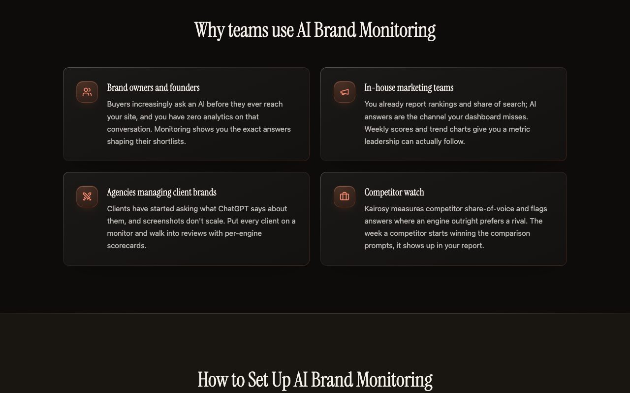 Kairosy AI brand monitoring page: why brand owners, in-house marketing teams, agencies managing client brands and competitor watchers use it