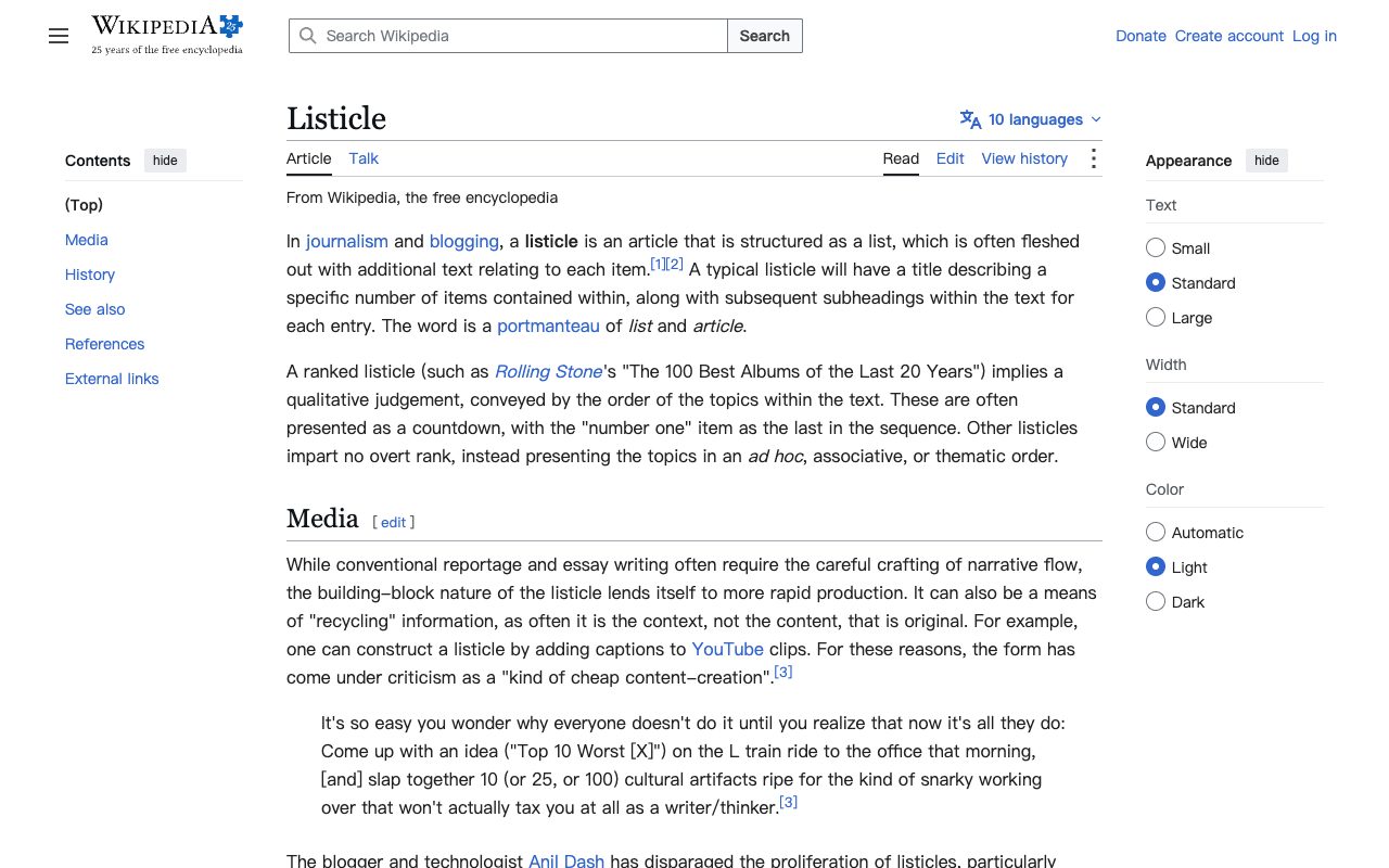 Wikipedia article on the listicle, the list-format article that makes up many of the third-party pages AI engines retrieve and cite