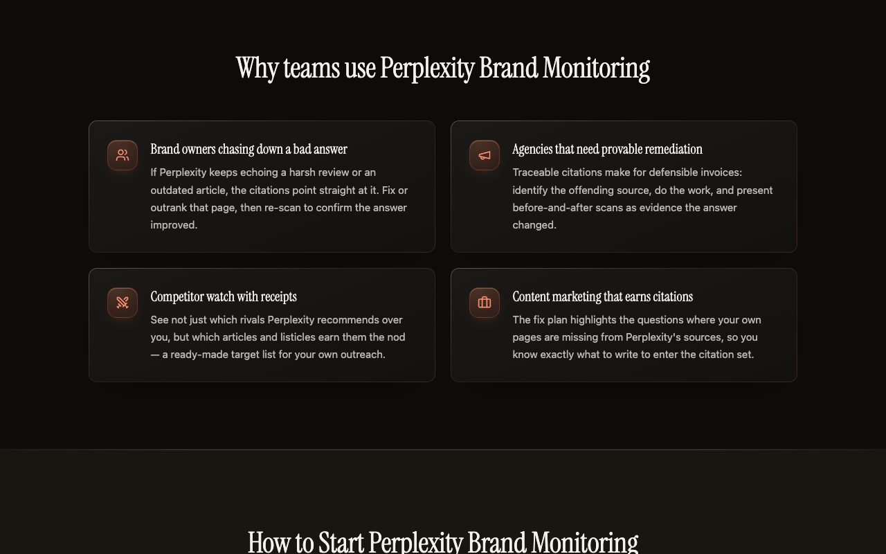 Kairosy Perplexity brand monitoring page: why teams use it, from chasing a bad answer to competitor watch and content that earns citations