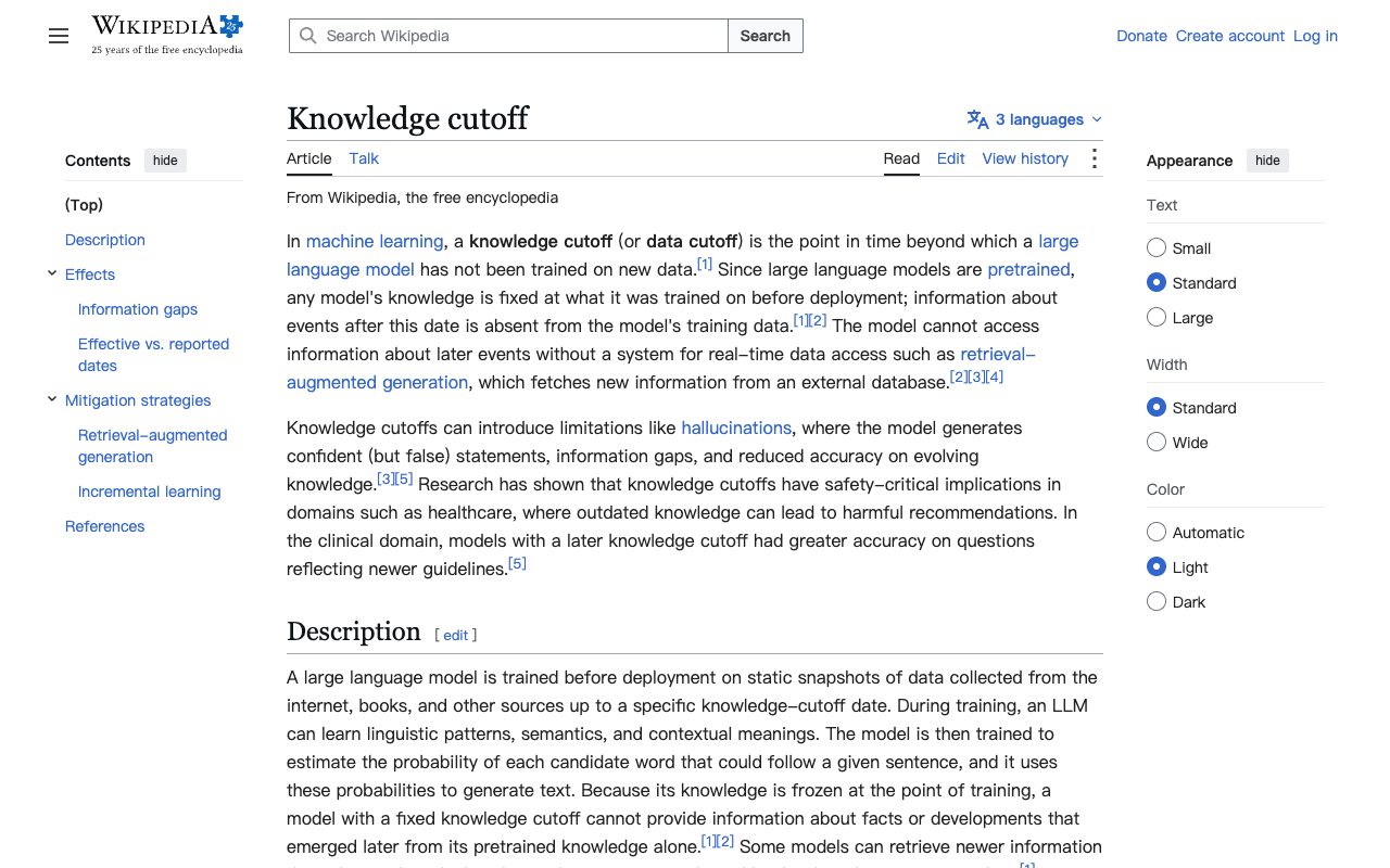 Wikipedia article 'Knowledge cutoff' explaining the date after which a language model has no training information