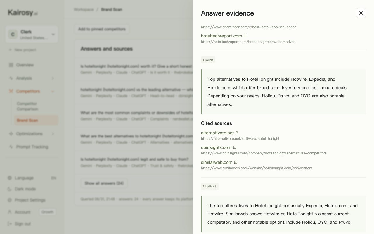 Kairosy answer evidence for HotelTonight: Claude's and ChatGPT's answers to the alternatives question and the sources Claude cited