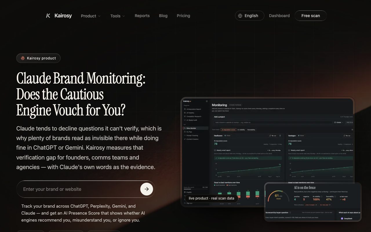 Kairosy Claude brand monitoring page: does the cautious engine vouch for you, with a scan box and a live monitoring dashboard