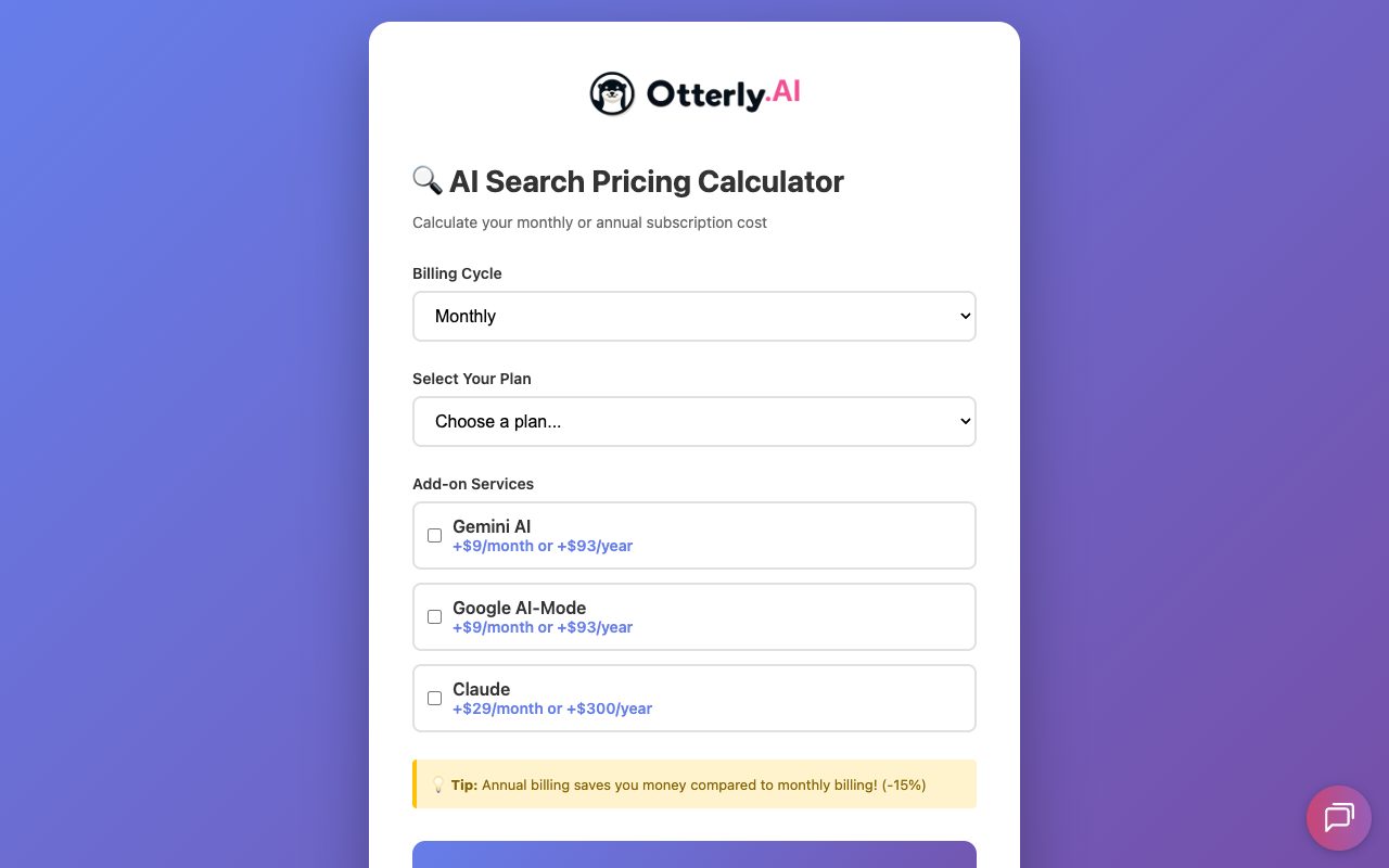 OtterlyAI AI Search Pricing Calculator with plan selector, additional prompts and Gemini, Google AI Mode and Claude add-on checkboxes