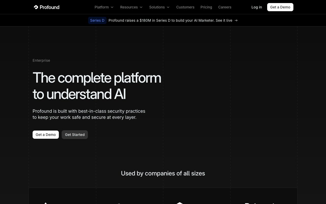 Profound Enterprise page hero: The complete platform to understand AI, with customer logos below